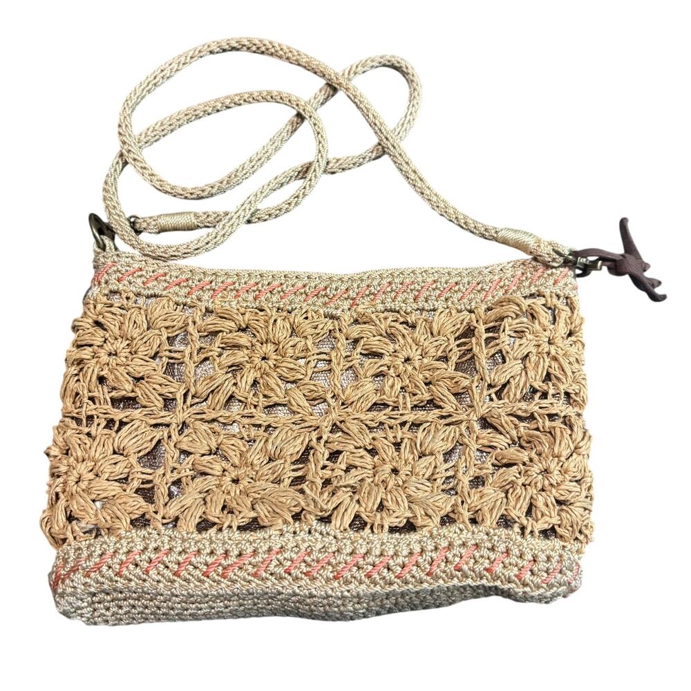 The Sak Crochet Crossbody Bag Tan Floral Woven Boho Shoulder Purse Festival